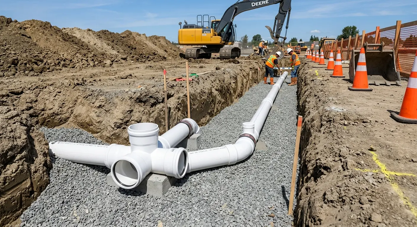 New PVC sewer pipe installation in open trench for Commercial Drain Cleaning in Corbin