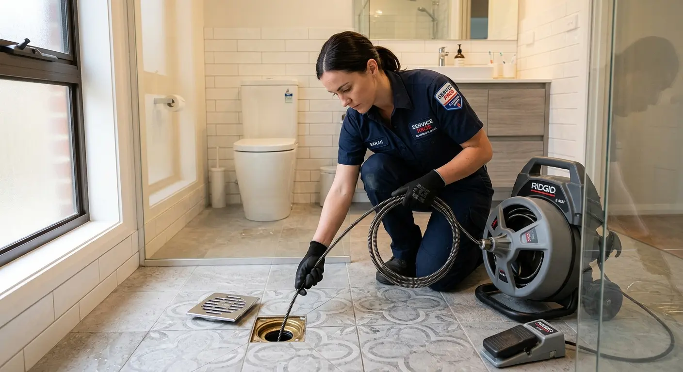Technician clearing a bathroom floor drain for Drain Cleaning in Corbin